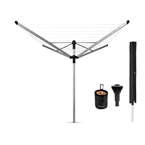 Brabantia - Stendibiancheria a Lift-O-Matic Advance - 60m di Spazio per Stendere - Regolabile All'altezza (149-197 cm) - con Tubo per Cemento 50mm, Custodia & Portamollette - Metallic Grey - ø 312cm