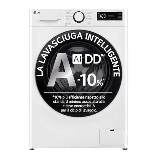 LG AI DD D4R3009NSWB Lavasciuga 9 / 6kg Serie R3 Classe A-10%/D, Lavatrice e Asciugatrice Insieme, 1400 giri, Lavaggio a Vapore, Eco Hybrid, Allergy Care, Motore Inverter Direct Drive, Bianca