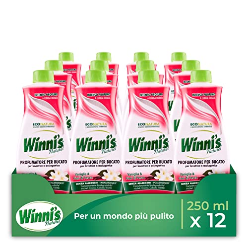 Winni's - Profumatore Bucato Ipoallergenico per Lavatrice e Asciugatrice, Fragranza alla Vaniglia e Fiori di Pesco, con Materie Prime di Origine Vegetale e Bio, 250 ml x 12 Confezioni