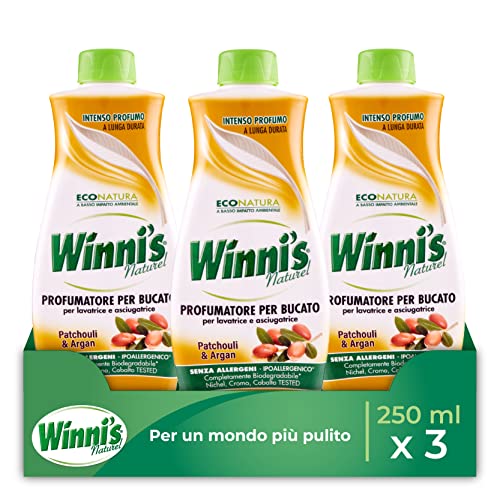 Winni's - Profumatore Bucato Ipoallergenico per Lavatrice e Asciugatrice, Fragranza Patchouli e Argan, con Materie Prime di Origine Vegetale e Bio, 250 ml x 3 Confezioni